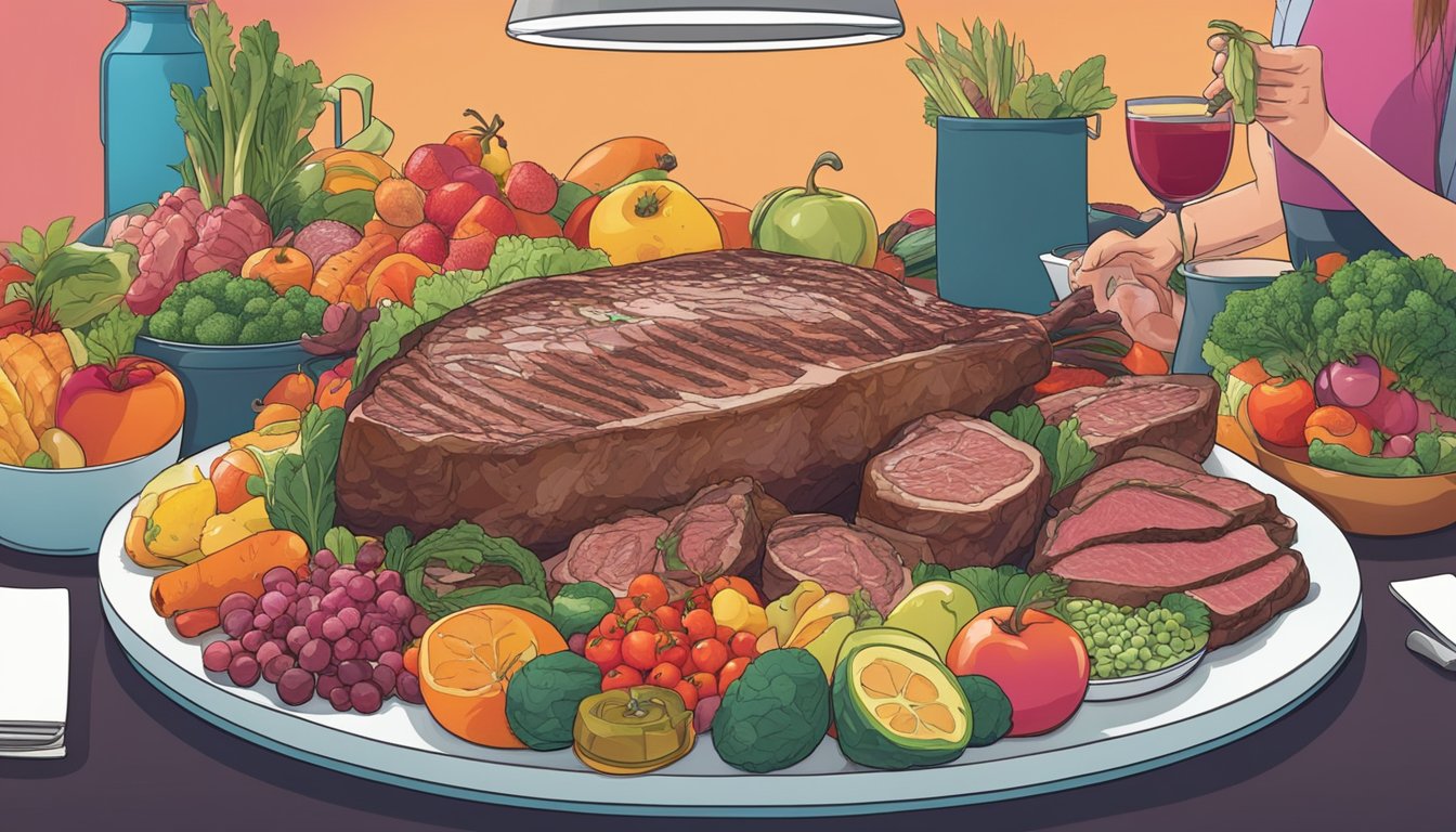 A table filled with various cuts of meat, surrounded by vibrant fruits and vegetables. A person's plate is piled high with steak, chicken, and fish, while a nutritionist looks on approvingly