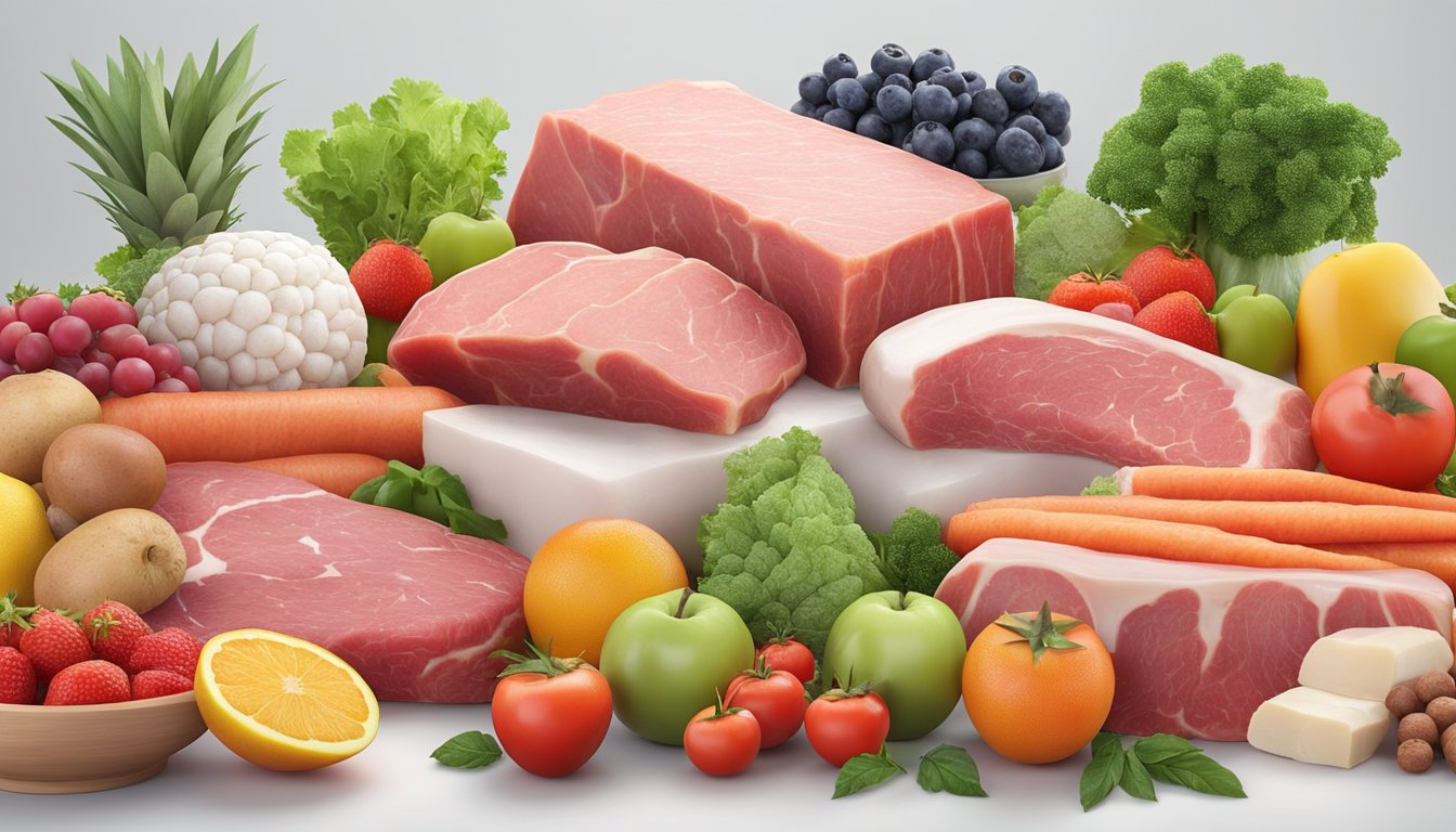 A variety of fresh, raw meats and animal products arranged on a clean, white surface with vibrant fruits and vegetables in the background