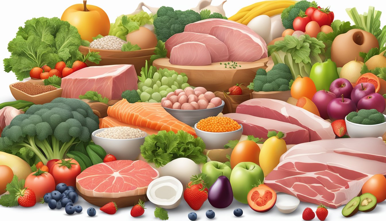 A variety of fresh meats, fish, and eggs surrounded by vibrant fruits and vegetables, with a clear focus on the benefits of the carnivore diet for optimal health