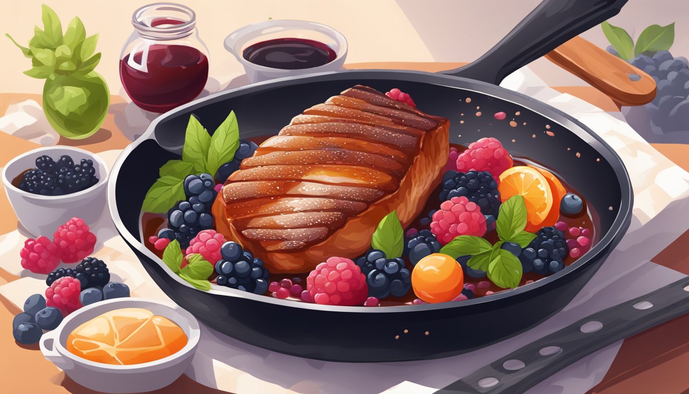 A sizzling duck breast searing in a hot skillet, surrounded by vibrant berries and a rich, glossy sauce