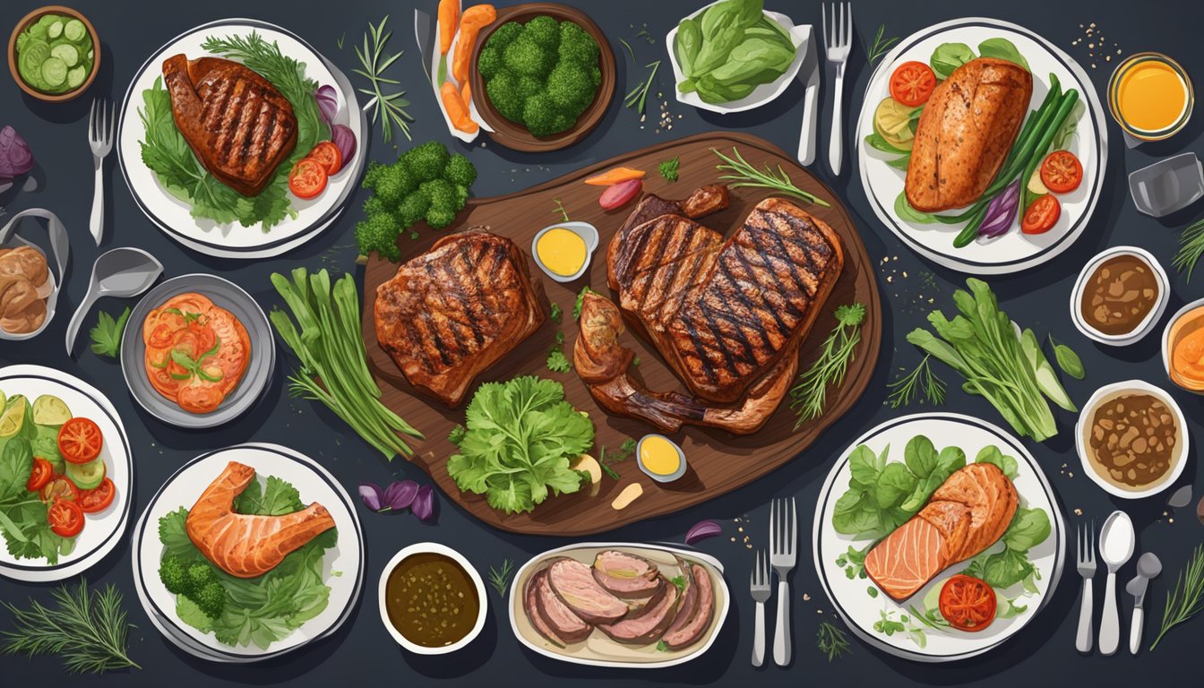 A dinner table set with various carnivore diet dishes, including grilled steak, roasted chicken, and seared salmon, surrounded by fresh vegetables and herbs