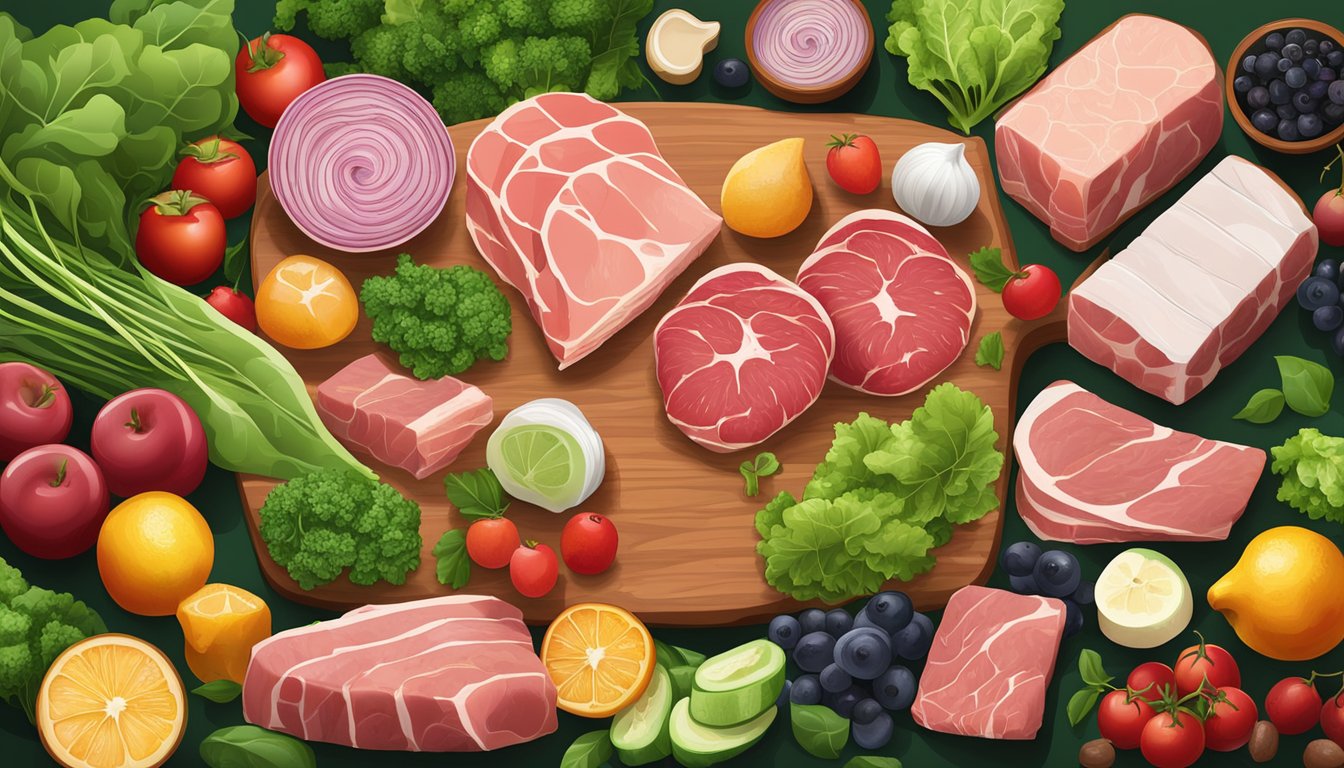 A variety of fresh, raw meats and animal products arranged on a wooden cutting board, surrounded by vibrant green leafy vegetables and colorful fruits