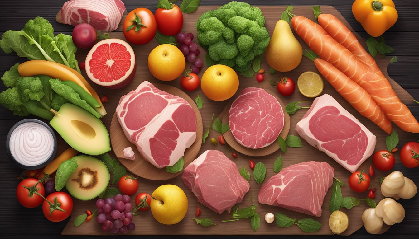 A variety of fresh, raw meat and animal products spread out on a wooden cutting board, surrounded by vibrant fruits and vegetables