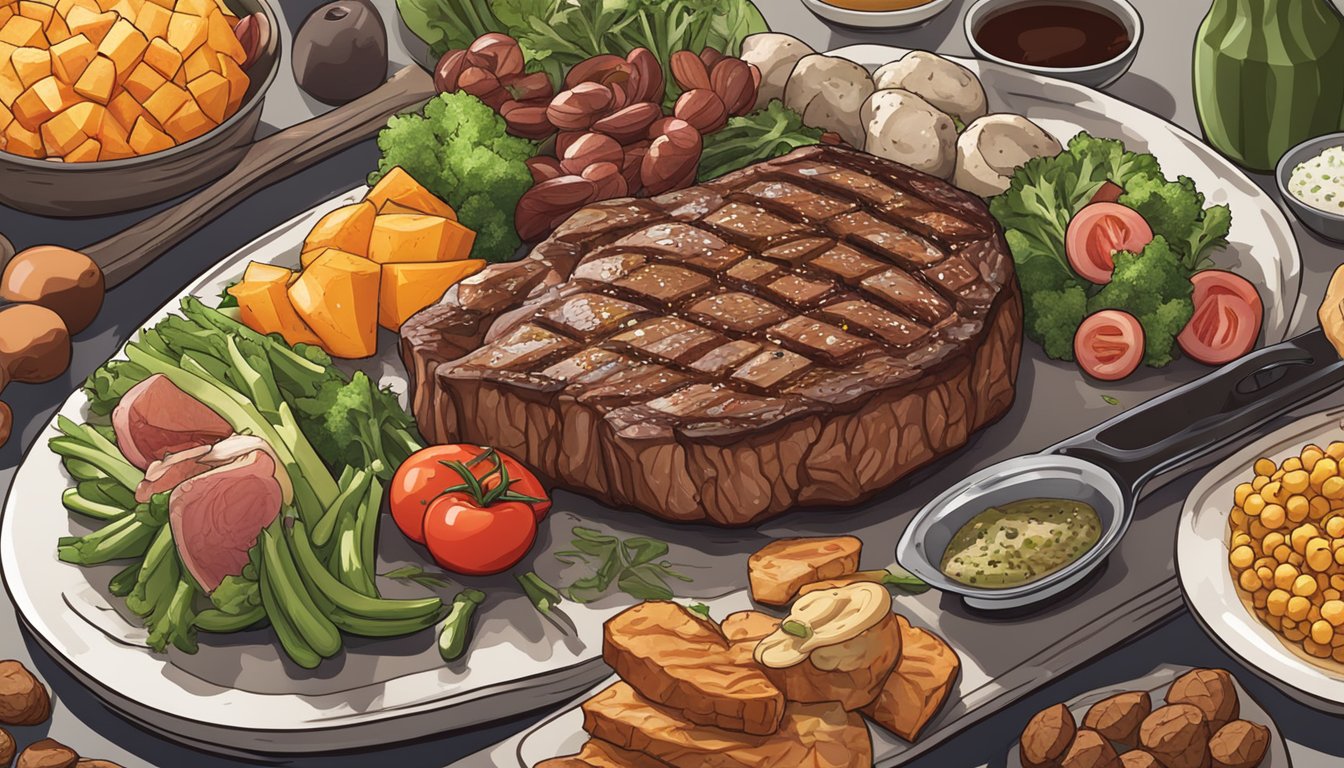 A sizzling ribeye steak surrounded by 9 other carnivore diet-friendly foods, all easily available at a grocery store