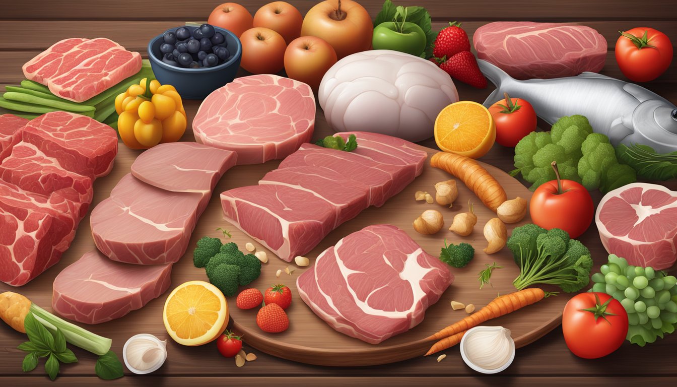 A diverse array of fresh, uncooked meats and animal products displayed on a wooden table, surrounded by vibrant fruits and vegetables