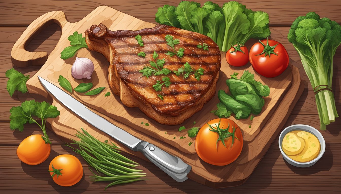 A sizzling pork chop surrounded by fresh vegetables and herbs on a wooden cutting board