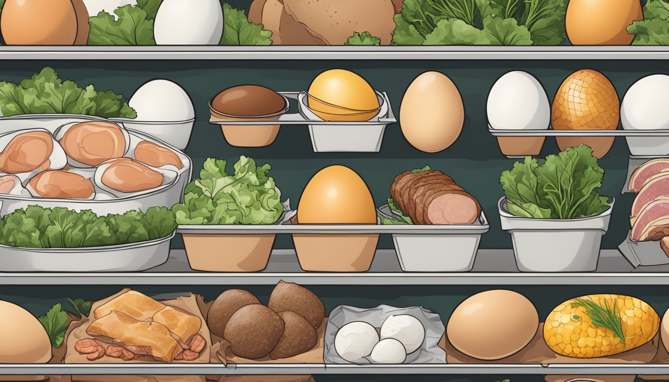 A carton of eggs surrounded by a variety of meats, fish, and leafy greens on a grocery store shelf