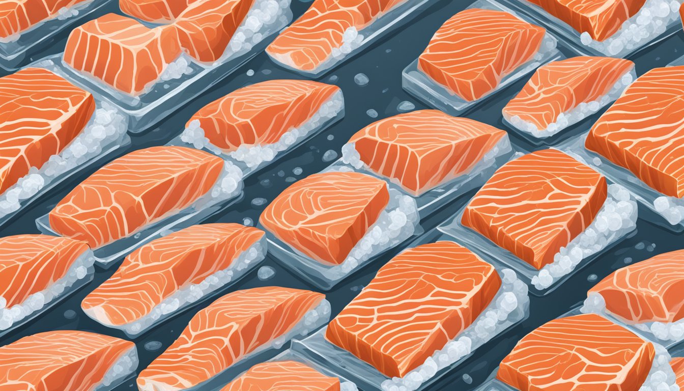 A display of 10 fresh salmon fillets on ice at a grocery store