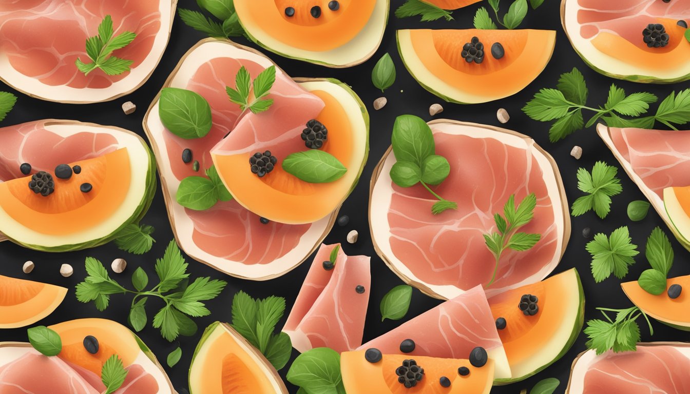 A platter of prosciutto-wrapped melon slices surrounded by fresh herbs and garnished with cracked black pepper