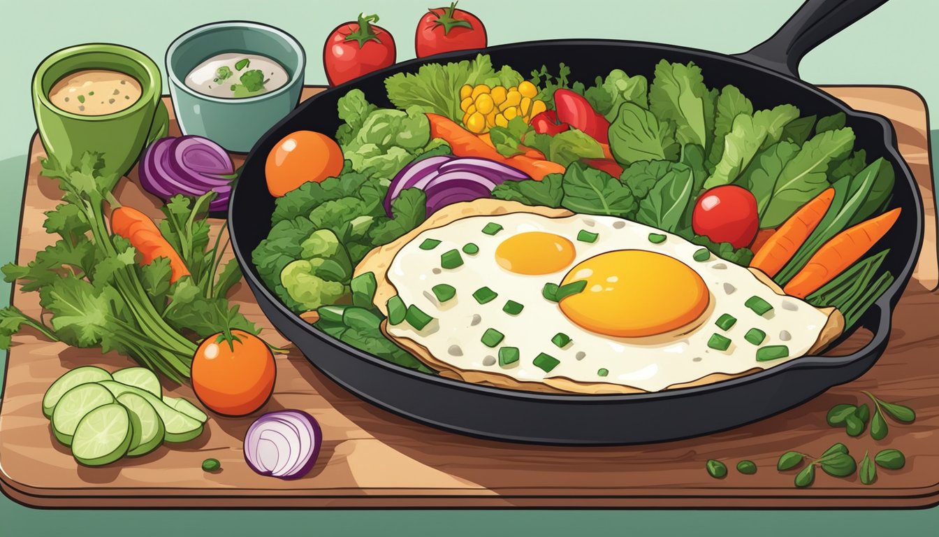 A sizzling duck egg omelette cooks in a hot skillet, surrounded by colorful vegetables and herbs, ready to be served as a carnivore-friendly breakfast option