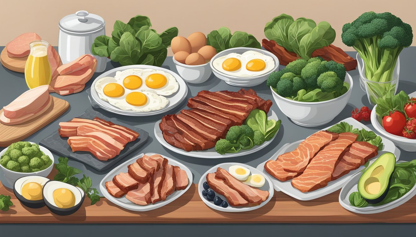 A variety of bacon, eggs, steak, chicken, salmon, spinach, avocado, broccoli, cauliflower, and berries arranged on a kitchen counter