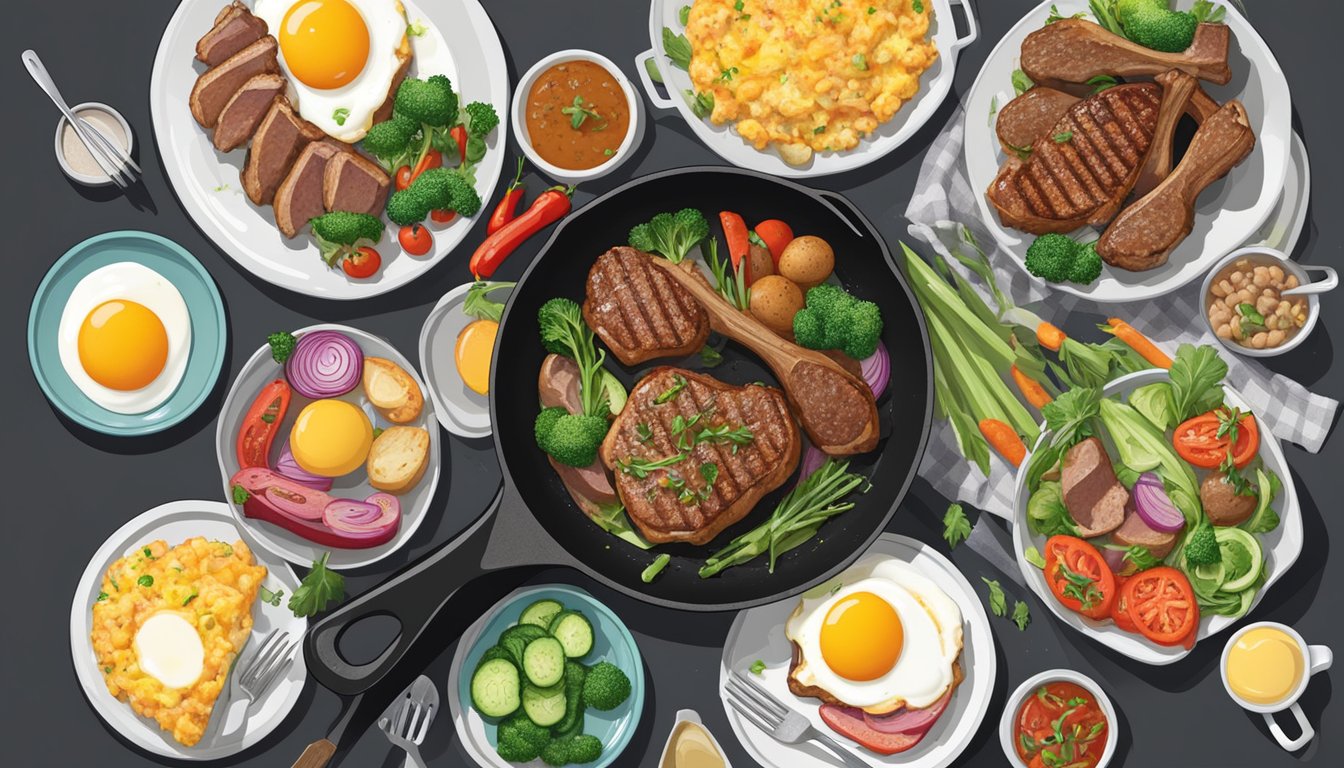 A sizzling skillet filled with lamb chops, eggs, and vegetables, surrounded by a variety of carnivore diet-friendly breakfast items