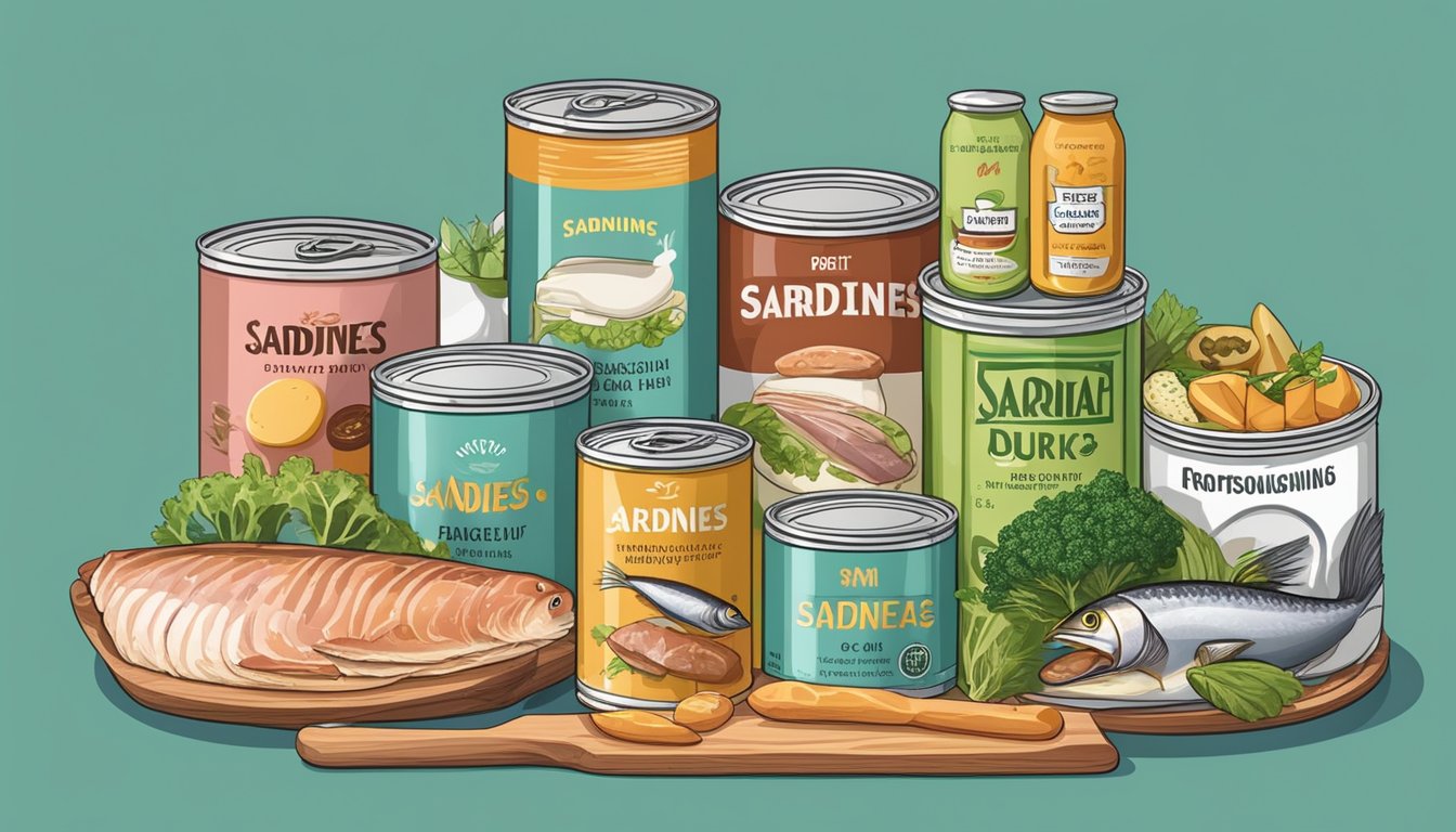 A can of sardines surrounded by other carnivore diet friendly foods on a grocery store shelf