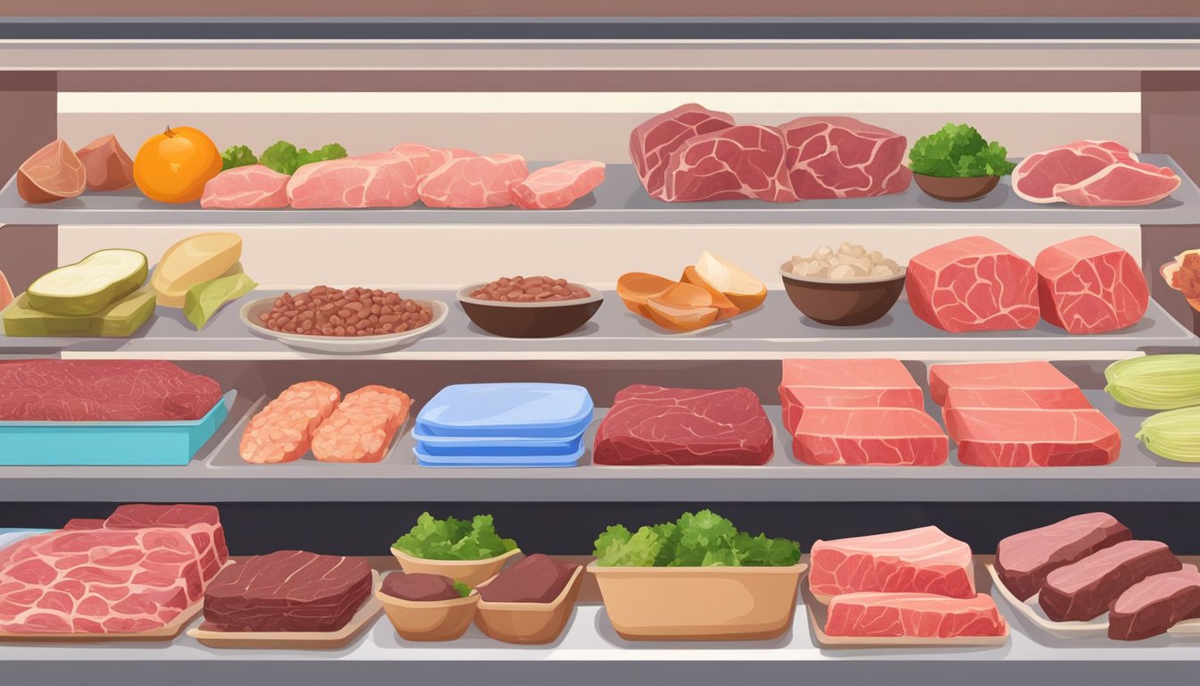 A variety of raw beef liver, along with other carnivore diet friendly foods, displayed on shelves in a well-stocked grocery store