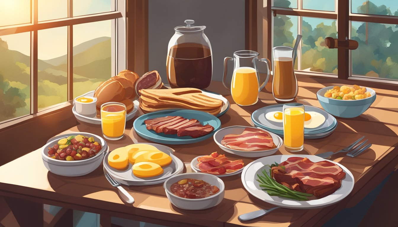 A table set with various breakfast items: steak, eggs, bacon, and other carnivore diet-friendly foods. Sunlight streams through a window onto the spread