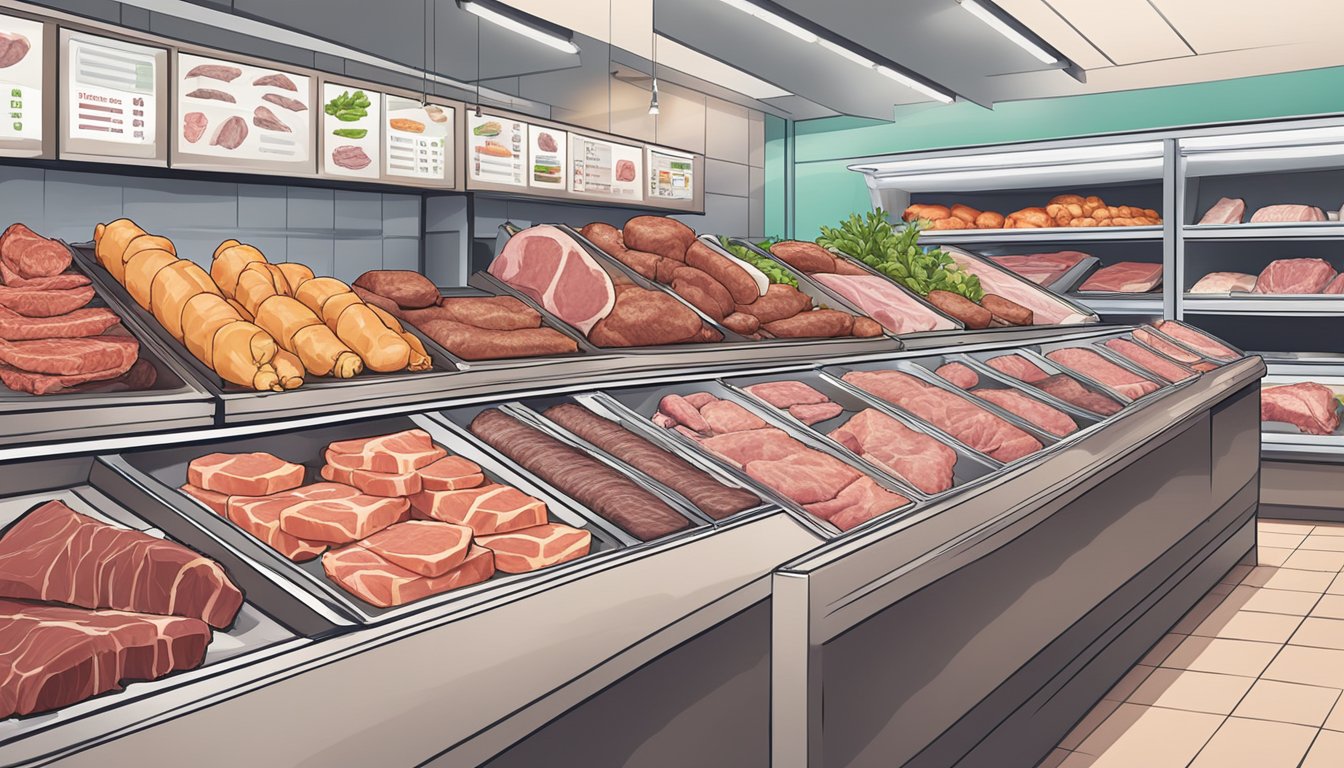 A variety of fresh meats, including beef, chicken, and pork, are displayed on a clean, well-organized grocery store meat counter