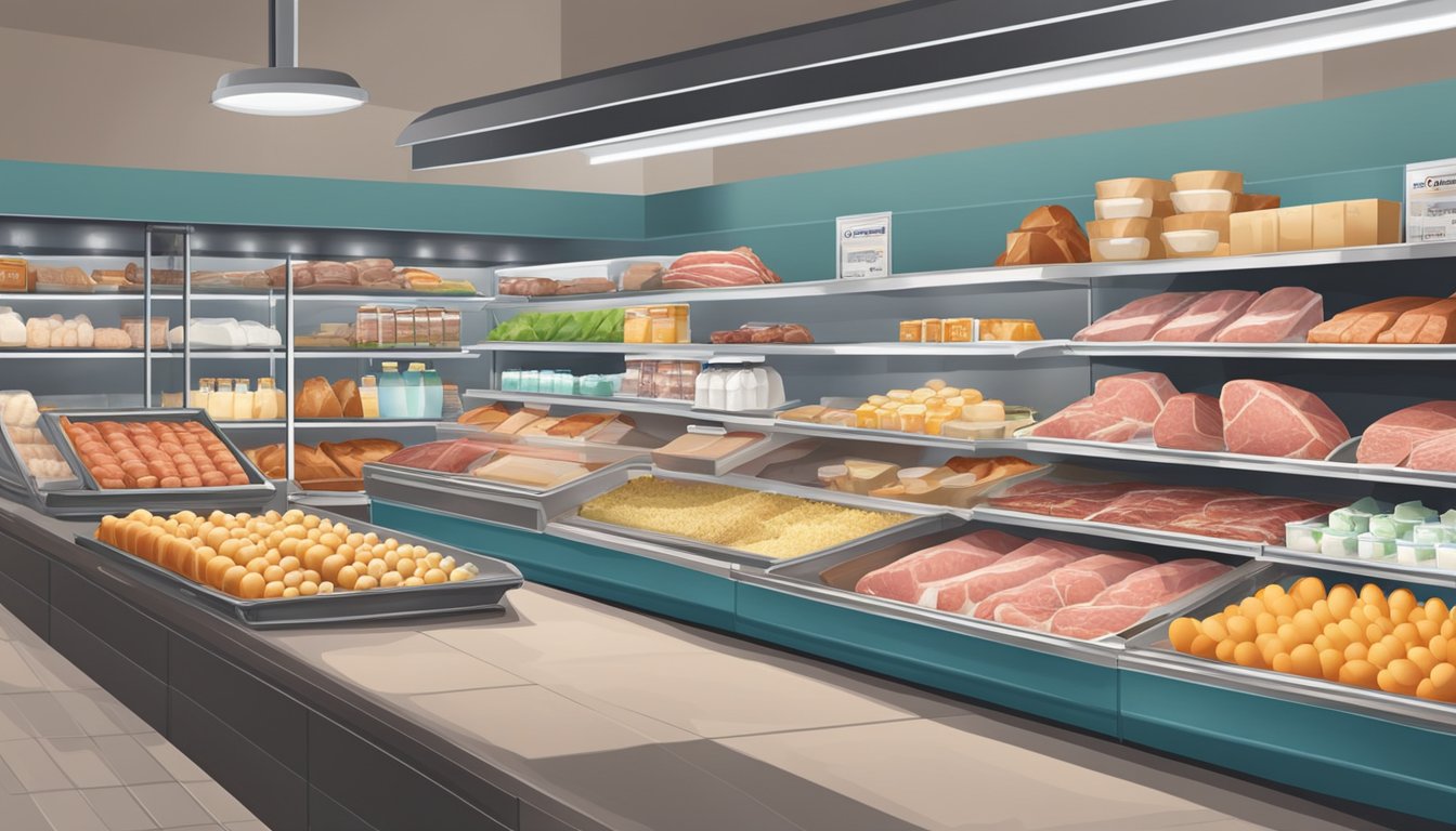 A variety of fresh meats, eggs, and dairy products displayed on shelves and in refrigerated sections of a grocery store