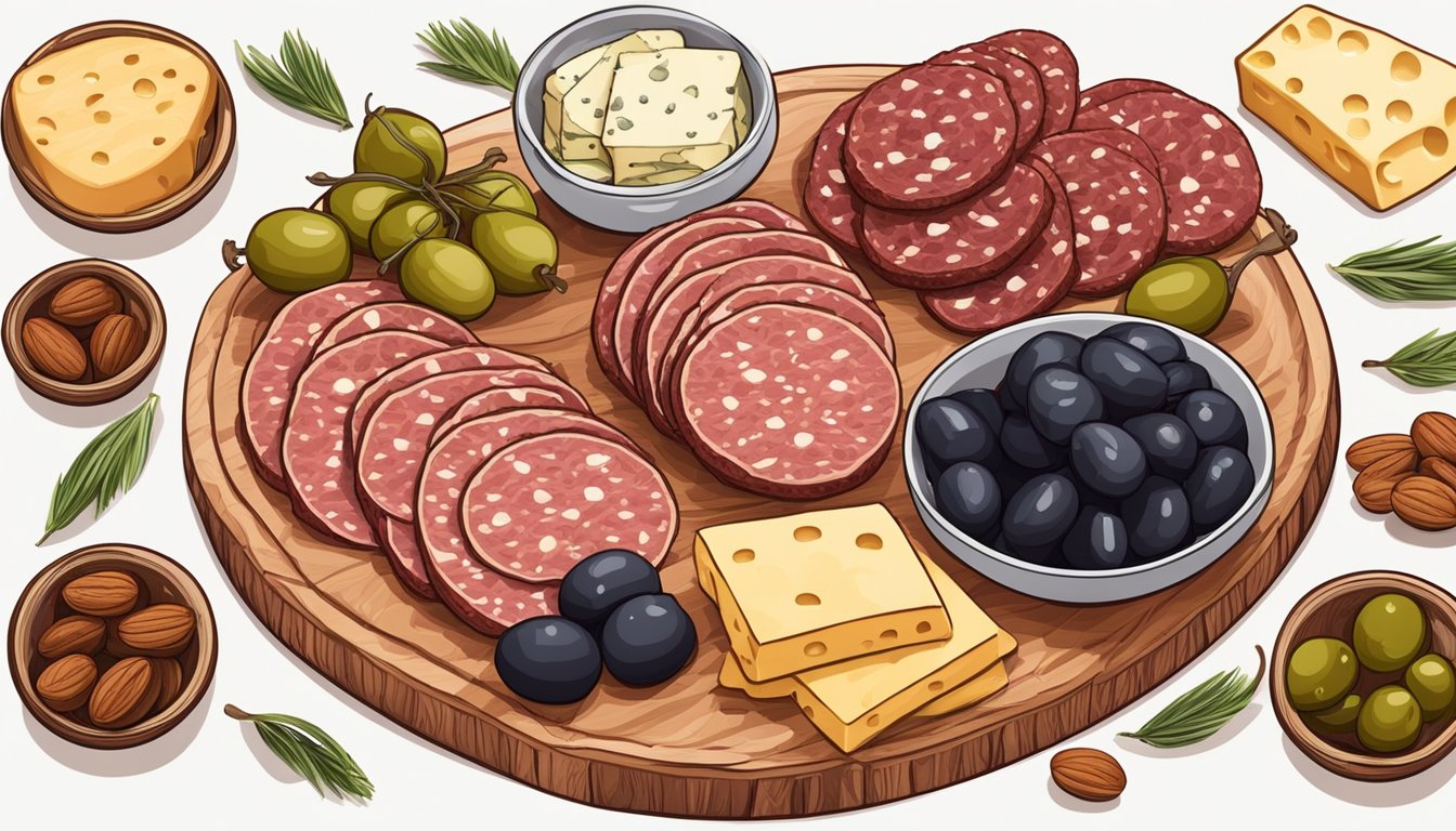 A wooden platter with a variety of salami and cheese slices, surrounded by olives, pickles, and nuts