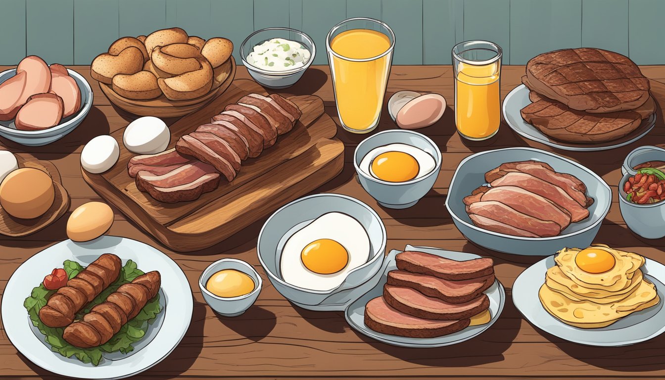 A breakfast spread with various carnivore diet-friendly options such as eggs, bacon, sausage, and steak, arranged on a rustic wooden table with natural lighting streaming in from a nearby window