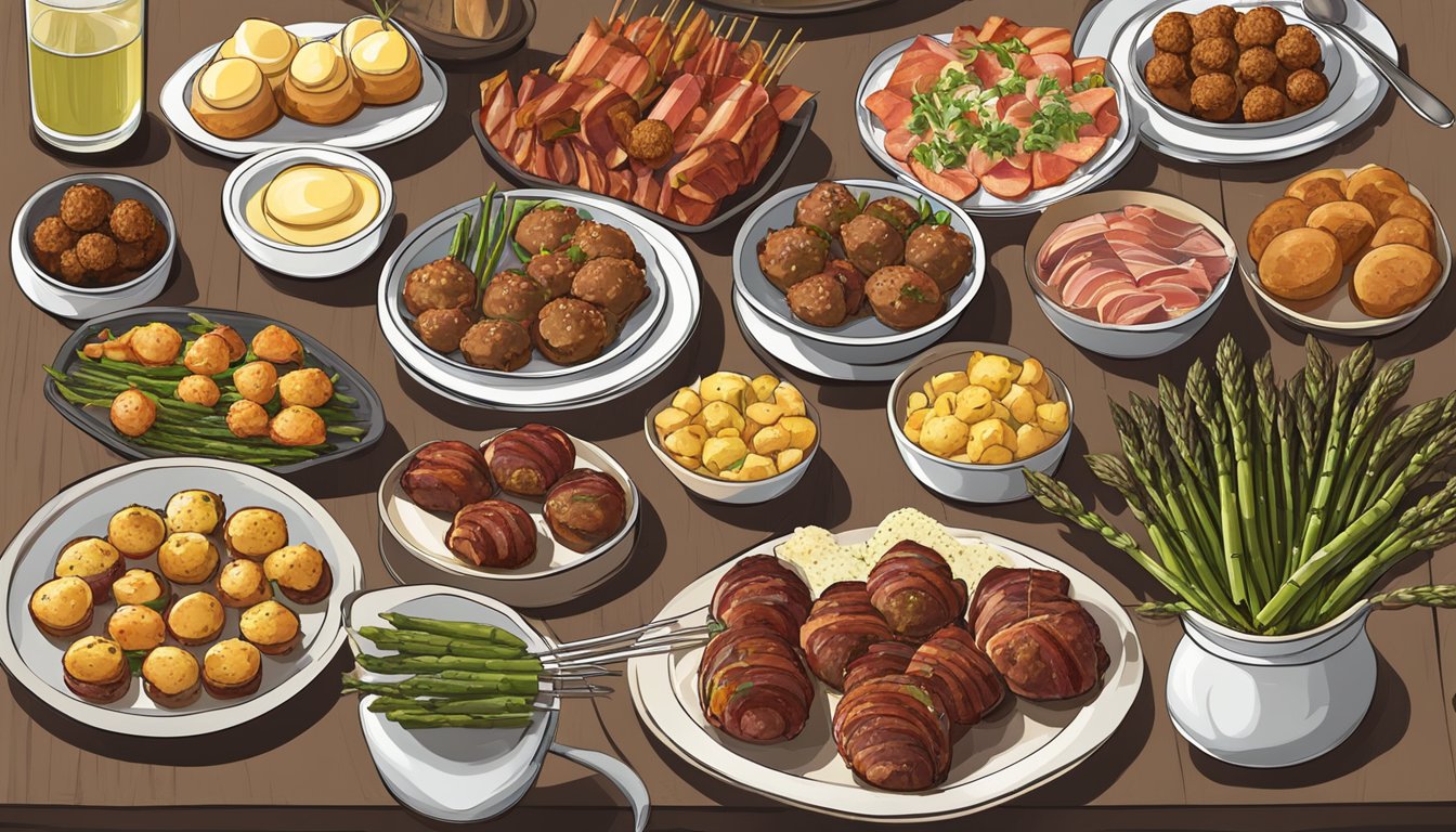 A table spread with 10 appetizers: bacon-wrapped scallops, prosciutto-wrapped asparagus, meatballs, deviled eggs, beef skewers, and more