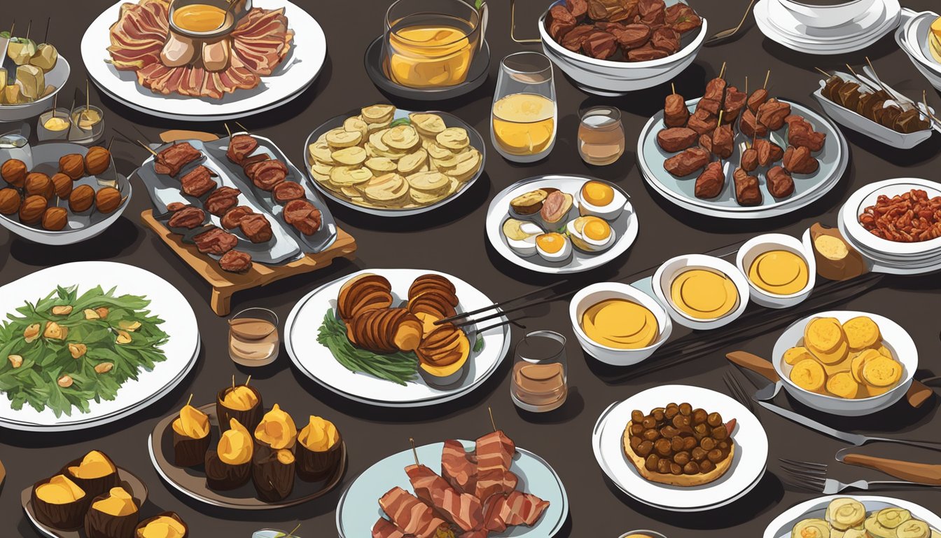 A table spread with 10 appetizers, including meat skewers, bacon-wrapped dates, and deviled eggs. Plates and utensils are neatly arranged nearby