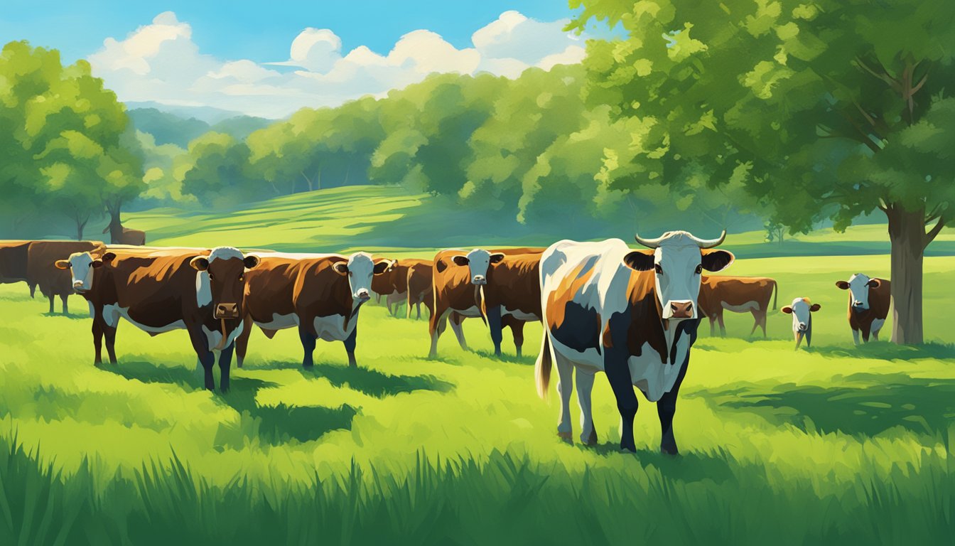 A lush green field with a herd of grazing grass-fed beef cattle under a bright blue sky