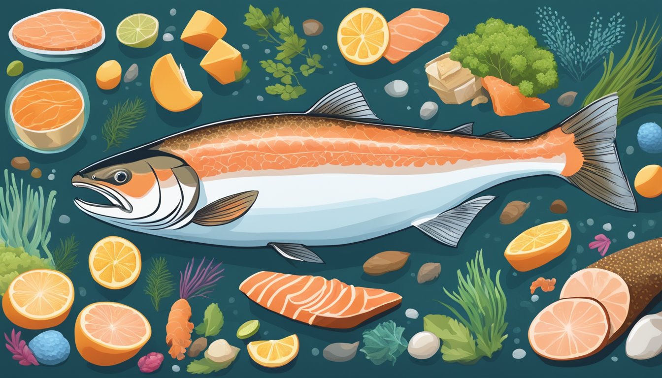 A salmon swimming through a vibrant underwater scene surrounded by 10 different types of carnivore diet-friendly foods, emphasizing better bone health