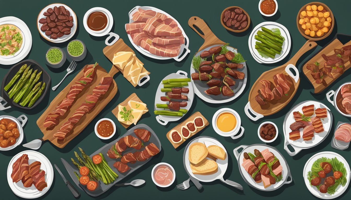 A table spread with a variety of meat-based appetizers, including bacon-wrapped dates, prosciutto-wrapped asparagus, and mini beef sliders