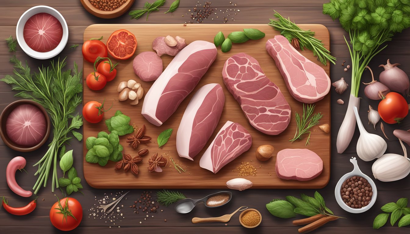 A variety of organ meats arranged on a wooden cutting board, including liver, heart, and kidney, surrounded by fresh herbs and spices