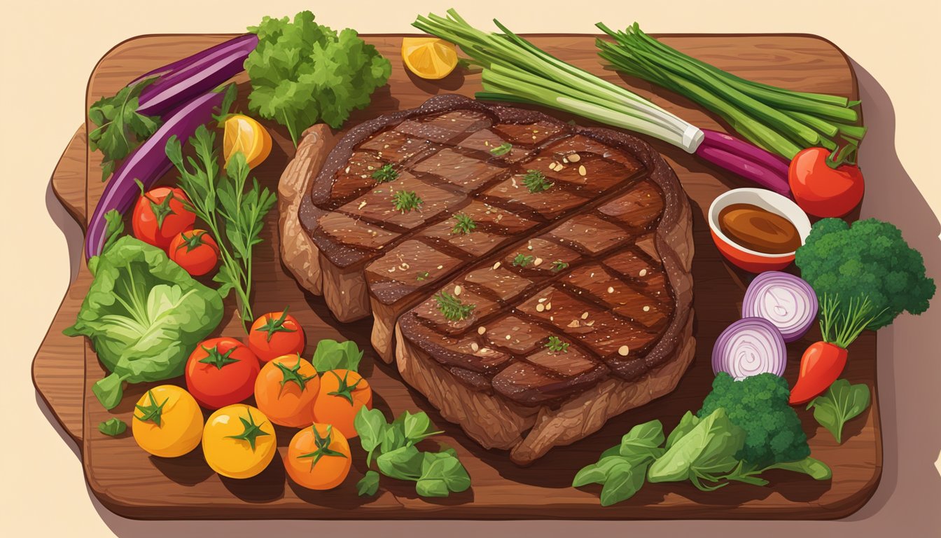 A sizzling ribeye steak, surrounded by colorful vegetables and herbs, sits on a wooden cutting board, evoking a sense of wholesome, anti-inflammatory nutrition