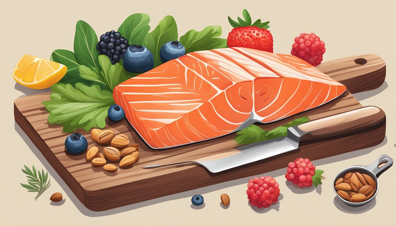 A wild-caught salmon fillet surrounded by vibrant, anti-inflammatory foods like berries, leafy greens, and nuts on a wooden cutting board