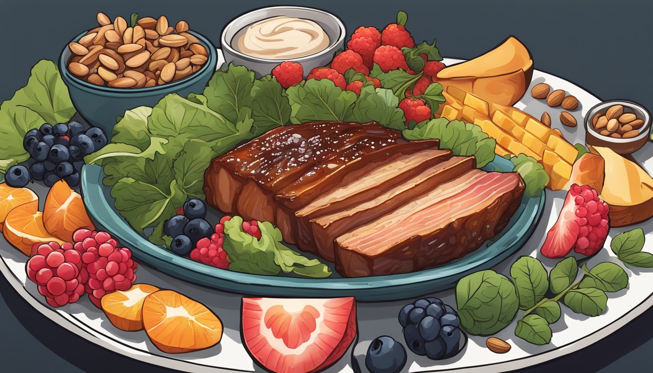 A sizzling pork belly on a plate surrounded by colorful, anti-inflammatory foods like berries, leafy greens, and nuts