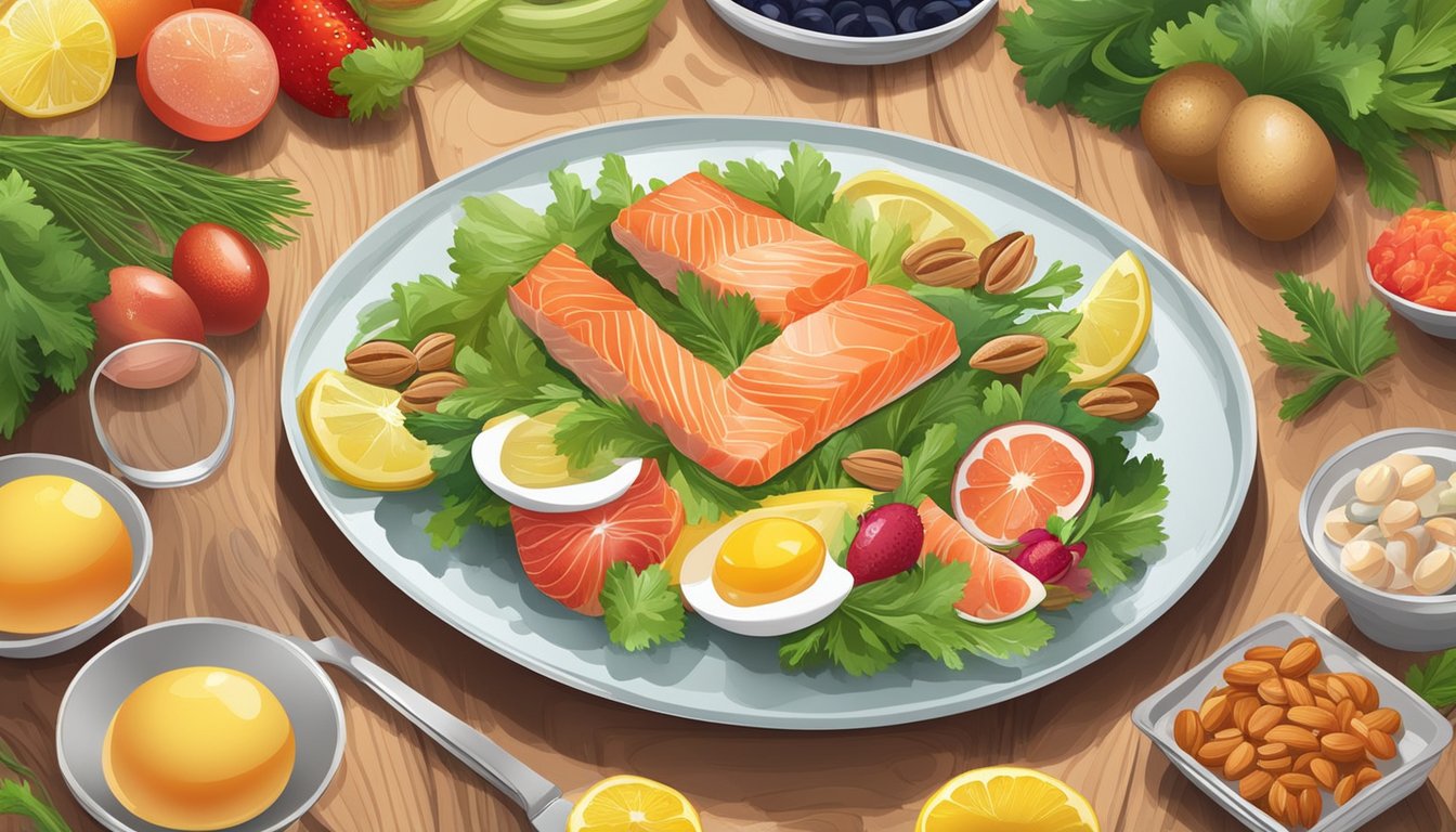 A plate with anchovies, salmon, eggs, and nuts, surrounded by colorful fruits and vegetables, on a wooden table