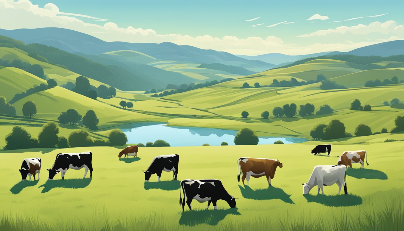 A serene pasture with grazing grass-fed cows, surrounded by rolling hills and a clear blue sky