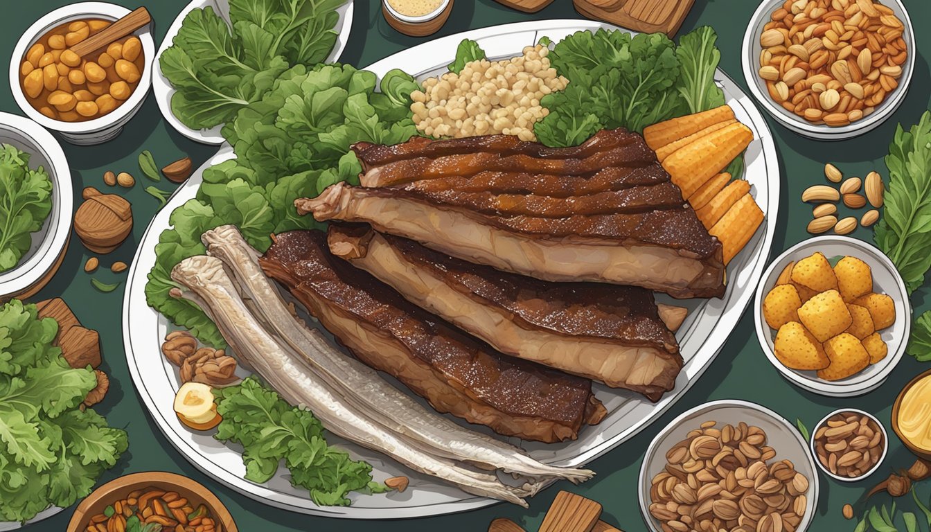 A plate of pork ribs surrounded by a variety of bone-friendly foods like leafy greens, nuts, and fish