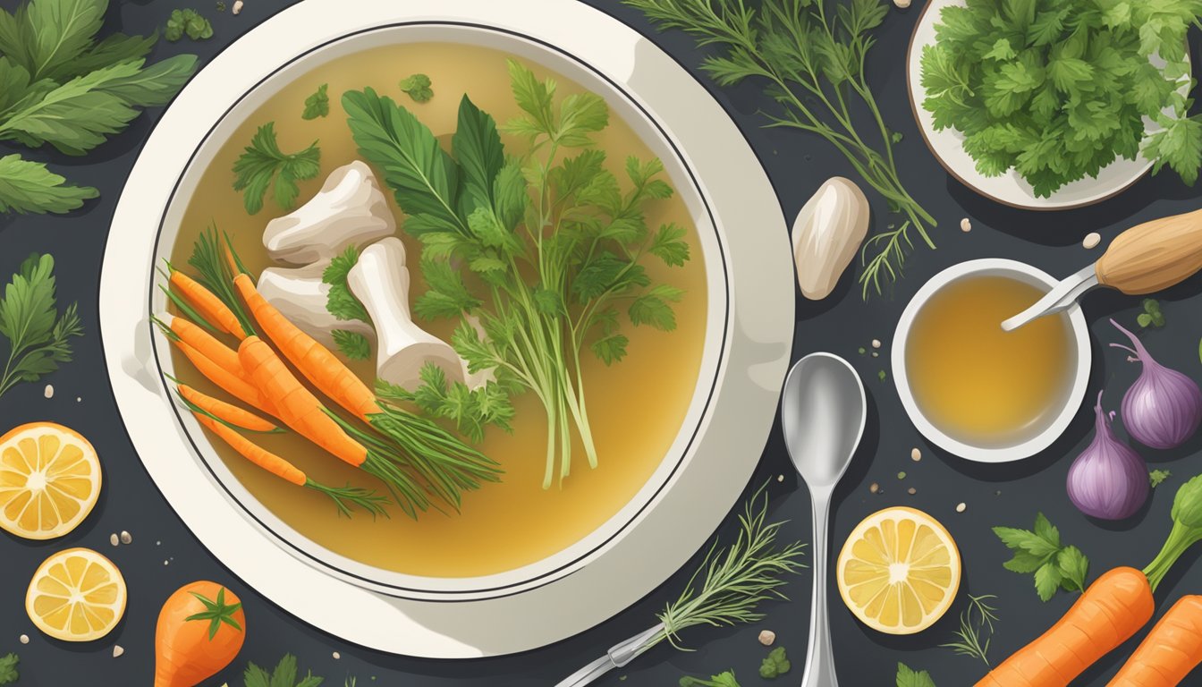 A steaming bowl of bone broth surrounded by fresh herbs and vegetables, with a spoon resting on the side