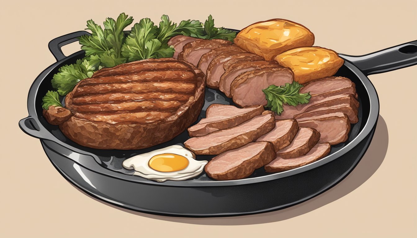 A sizzling skillet with duck fat-cooked meats and cholesterol-friendly foods