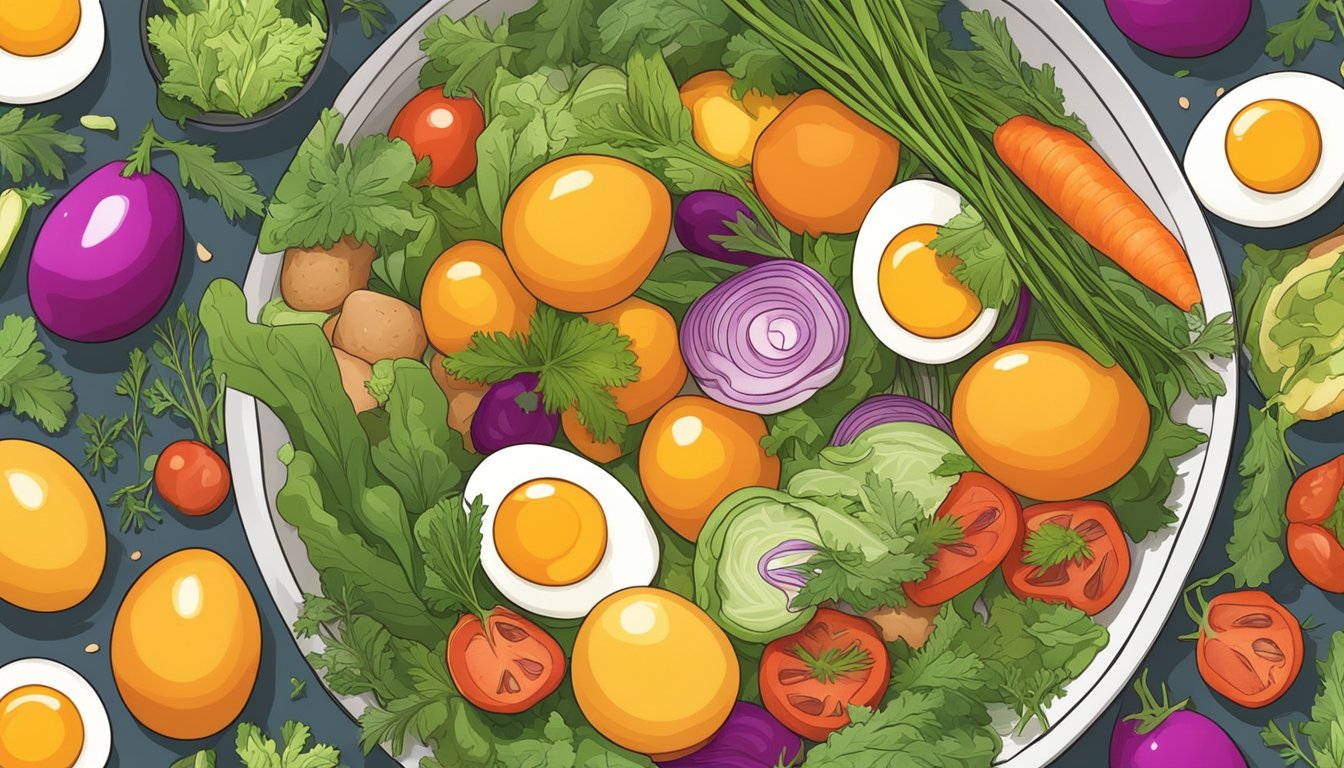 A bowl of vibrant egg yolks surrounded by colorful vegetables and herbs, representing a variety of carnivore diet-friendly foods for better anti-inflammation