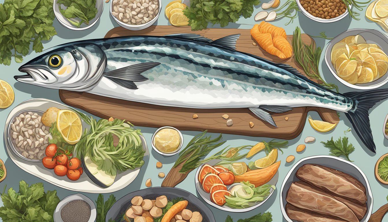 A school of mackerel swimming among a variety of carnivore diet friendly foods, including bones and other sources of calcium