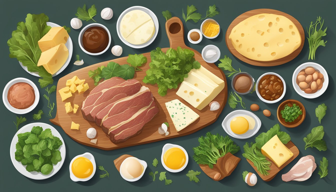 A table with a variety of foods: beef, pork, poultry, fish, eggs, cheese, butter, and leafy greens