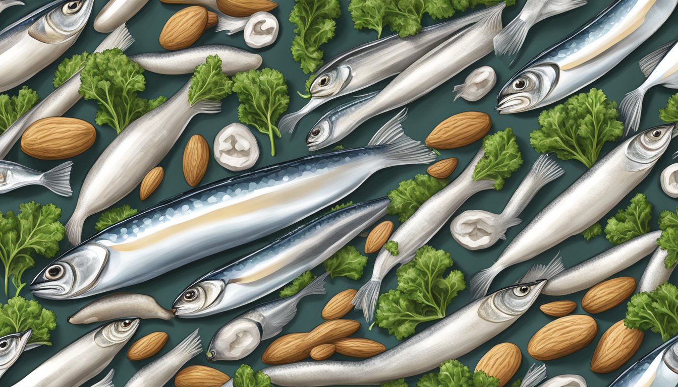 A school of anchovies swimming among calcium-rich foods like kale, sardines, and almonds, with a focus on bone health