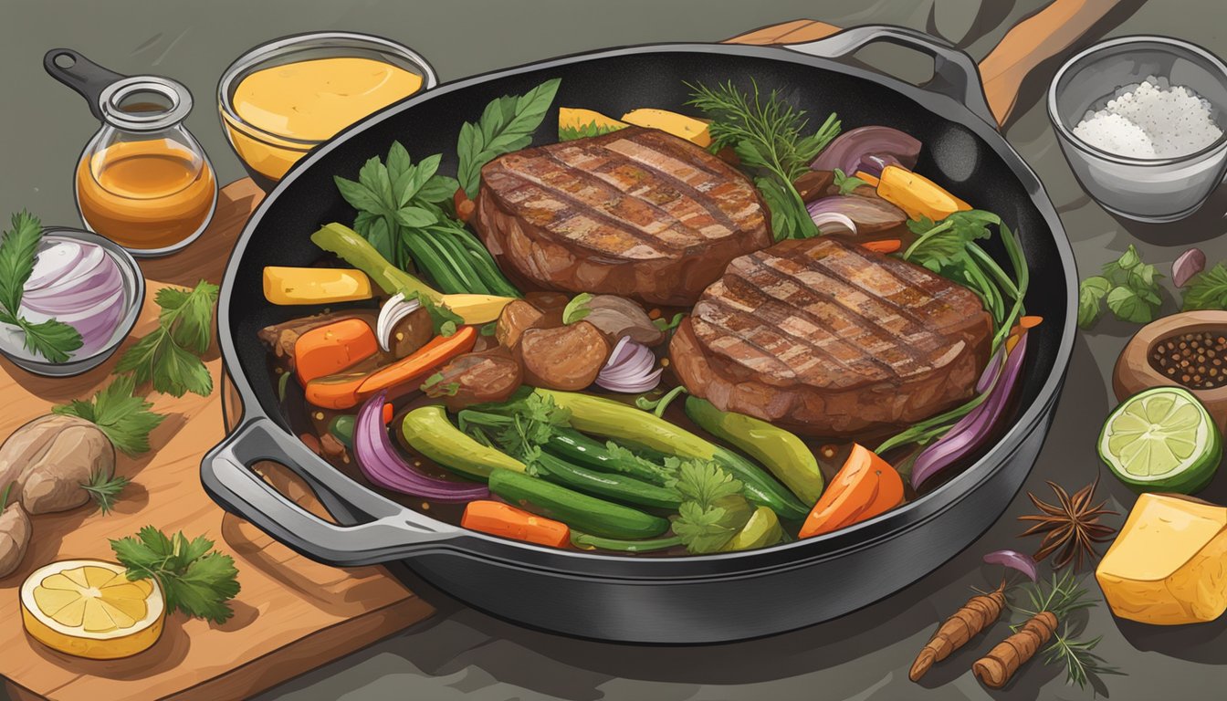 A sizzling skillet with various meats and vegetables cooking in duck fat, surrounded by herbs and spices