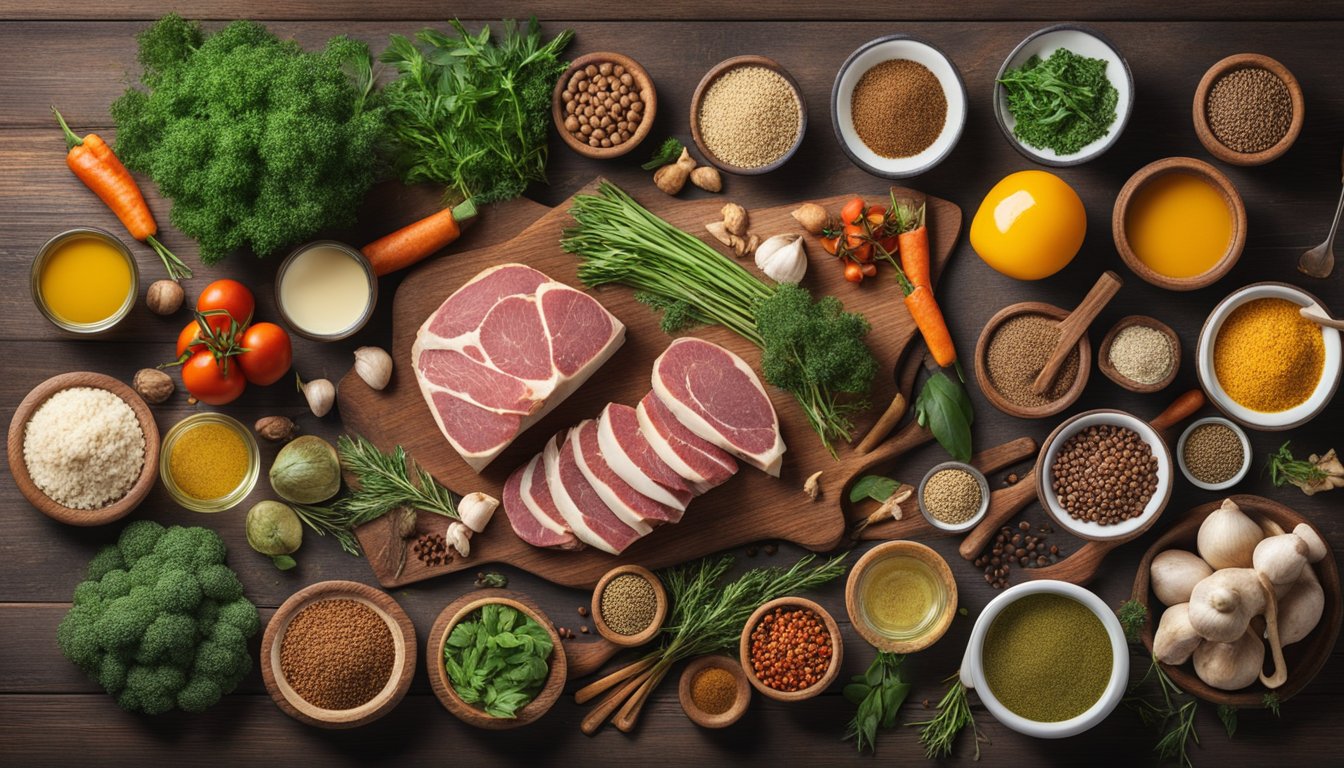 A variety of bone marrow and carnivore diet friendly foods arranged on a rustic wooden table, surrounded by vibrant, anti-inflammatory herbs and spices