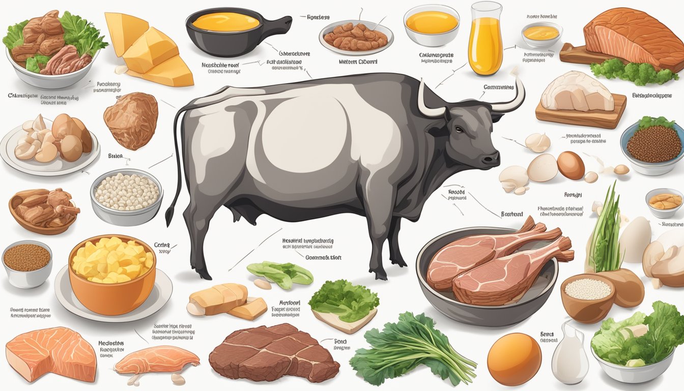 A table with a variety of carnivore diet friendly foods, such as beef, fish, and eggs, surrounded by images of healthy bones and scientific diagrams