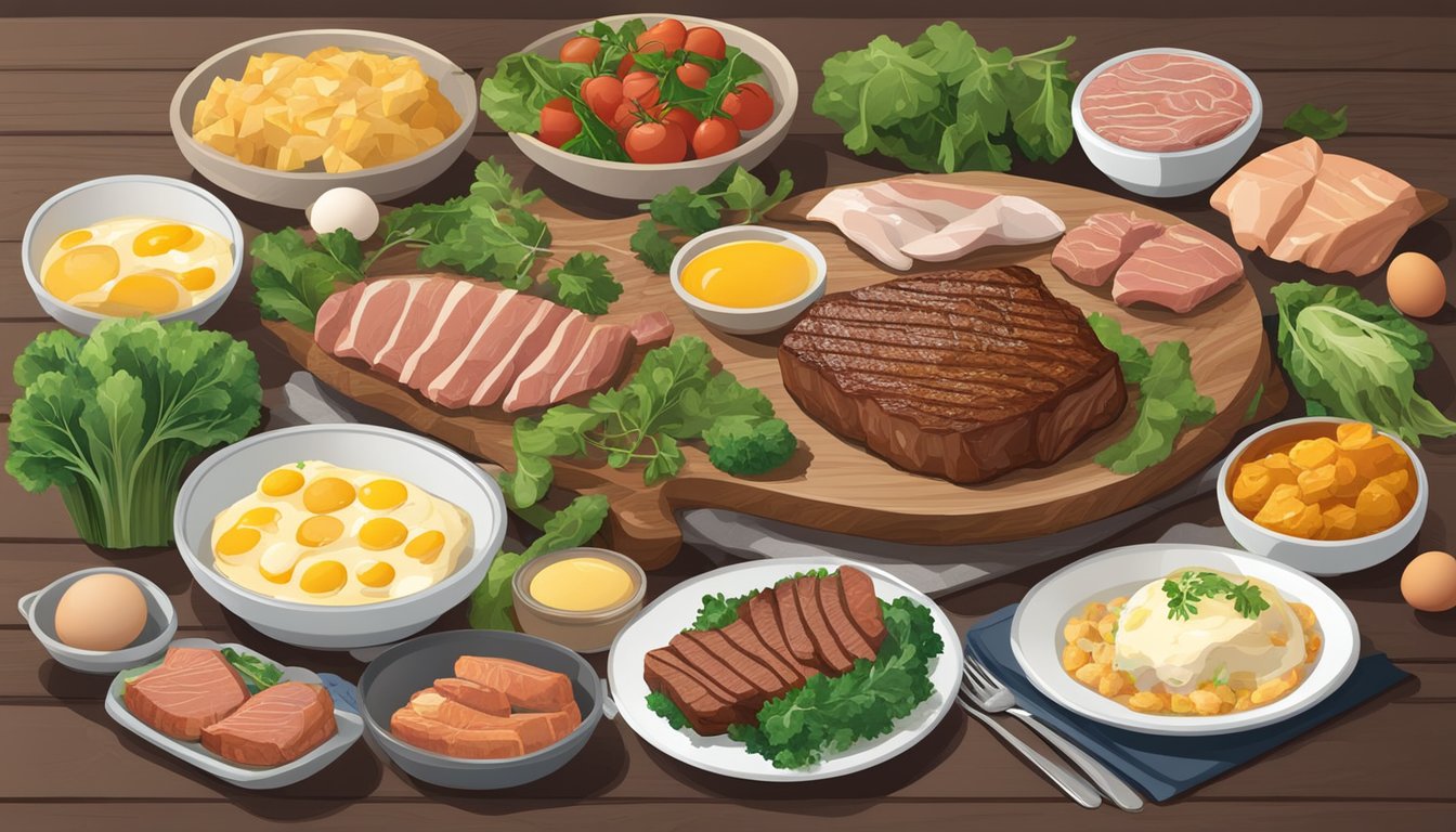 A table with a variety of foods: steak, chicken, fish, eggs, organ meats, and leafy greens. No grains, dairy, or processed foods in sight