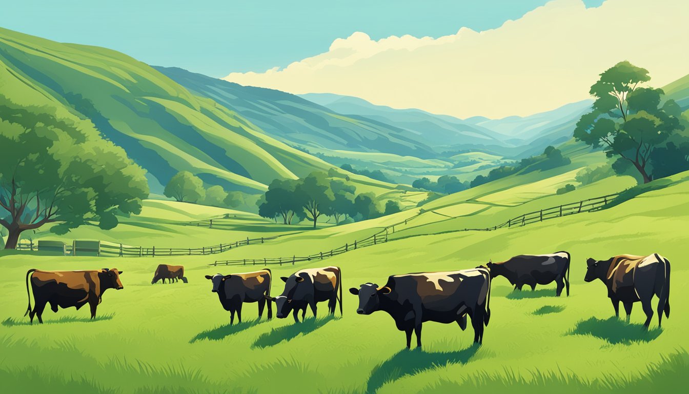 A lush green pasture with grazing cattle, surrounded by rolling hills and clear blue skies