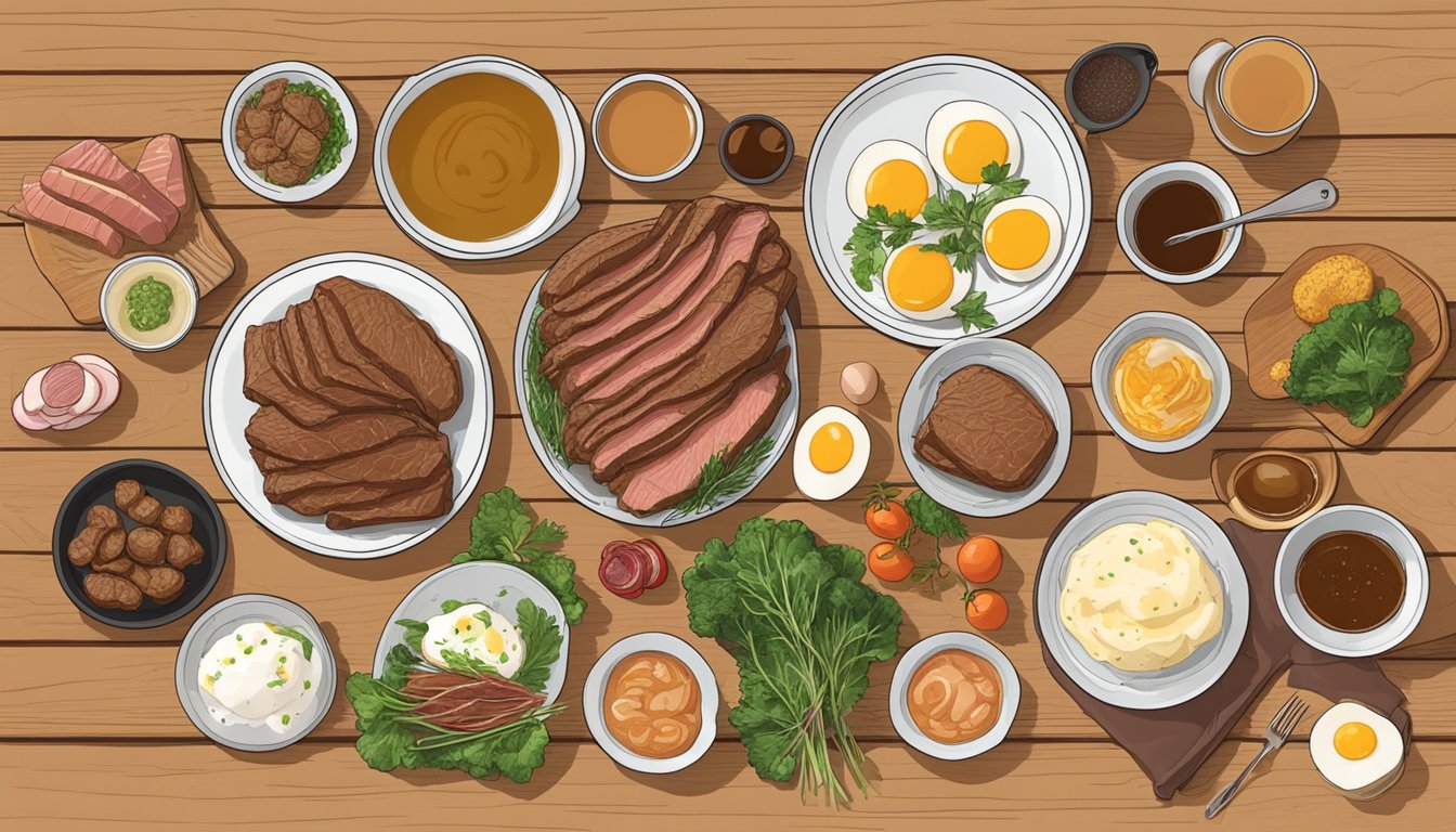 A plate of beef liver surrounded by 9 other carnivore diet-friendly foods, such as eggs, salmon, and bone broth, arranged on a wooden table