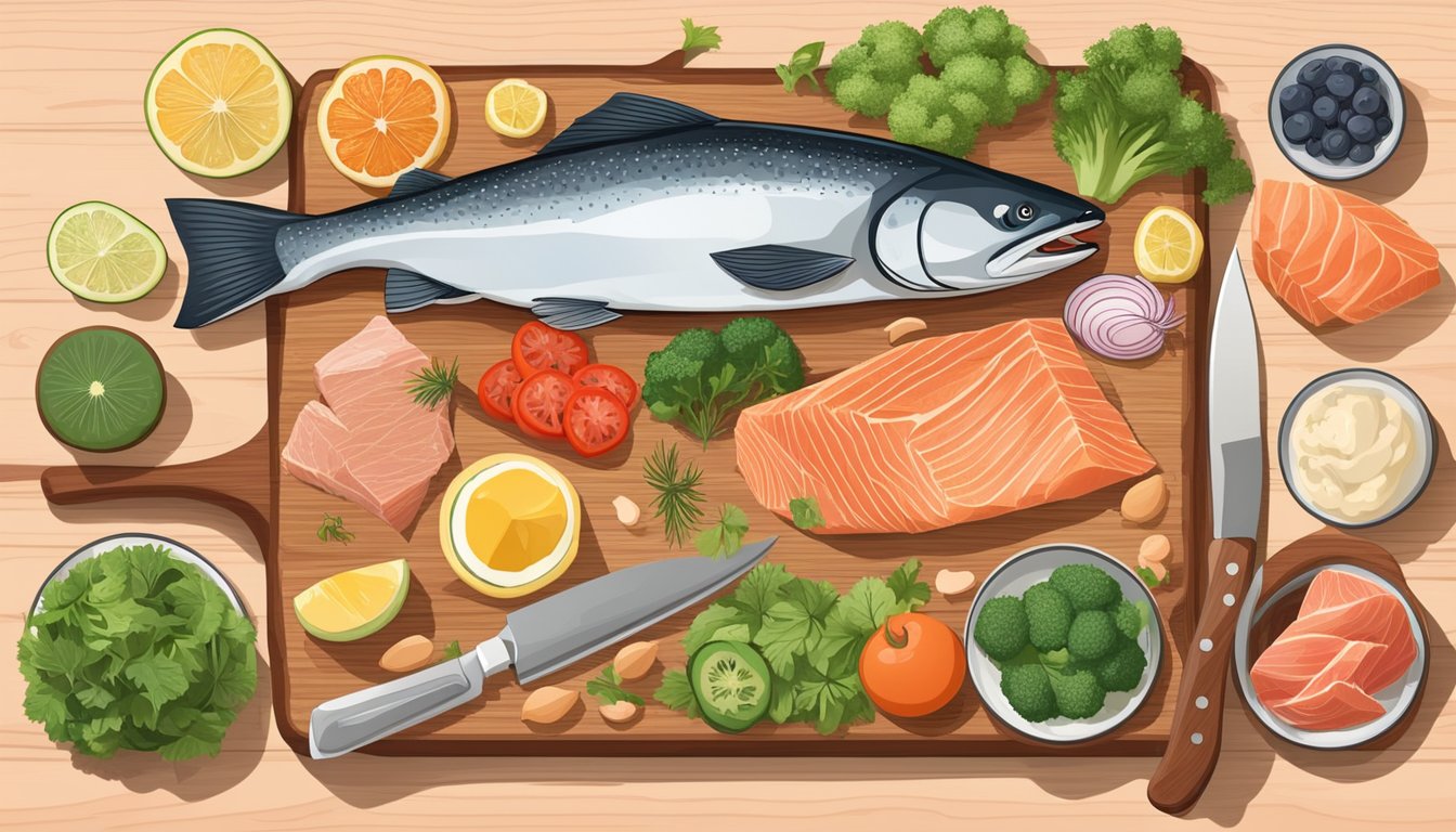 A salmon fillet surrounded by 10 different types of carnivore diet friendly foods, all arranged on a wooden cutting board