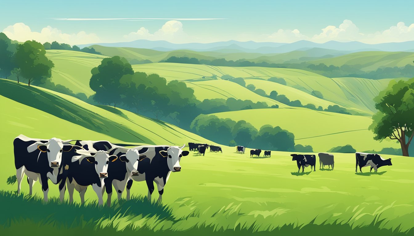 A lush green field with a grazing herd of cattle, under a clear blue sky