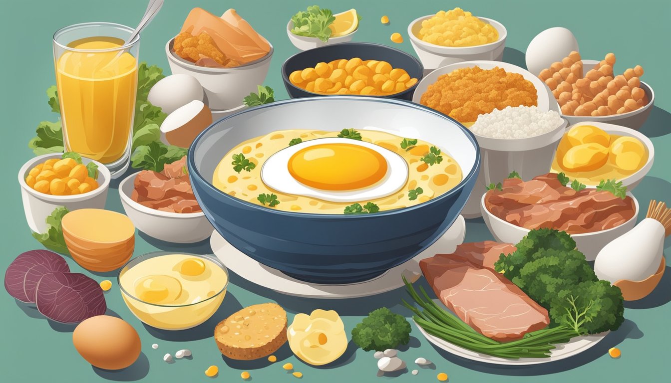 A bowl of egg yolks surrounded by digestive-friendly foods like meat, fish, and vegetables, creating a balanced and nutritious scene